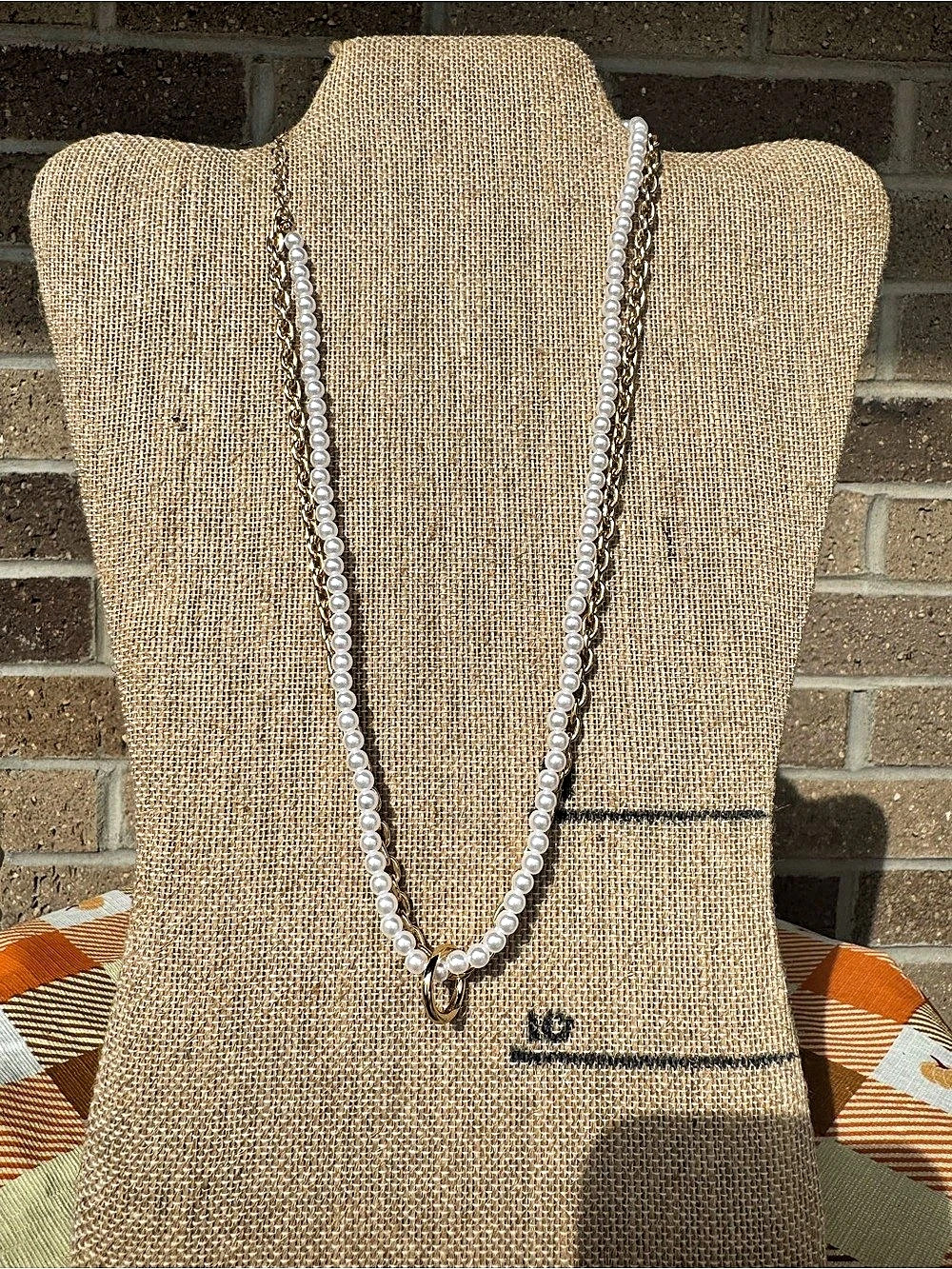 Gold Chain & Faux Pearl Layered Strand Necklace with Ring Pendant